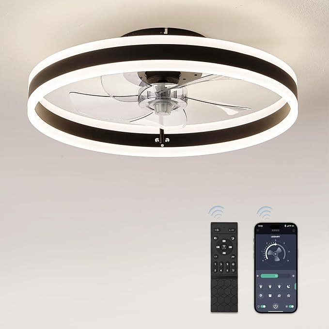LEDIARY 19.7'' Modern Low Profile Ceiling Fans with Lights and Remote,Black | 3000-6000K Dimmable LED, 6 Wind Speeds, Quiet Reversible DC Motor, Small Flush Mount Fandelier for Bedroom, Living Room