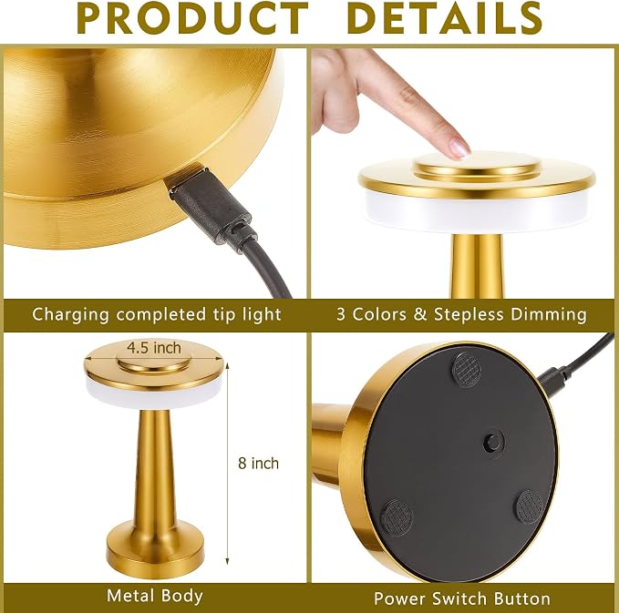 Riakrum 12 Pcs Gold LED Portable Cordless Table Lamp Bulk with Touch Sensor 3 Color Stepless Dimming Rechargeable Battery up to 15 Hours Cordless Table Light Wireless Lamp Wedding Home