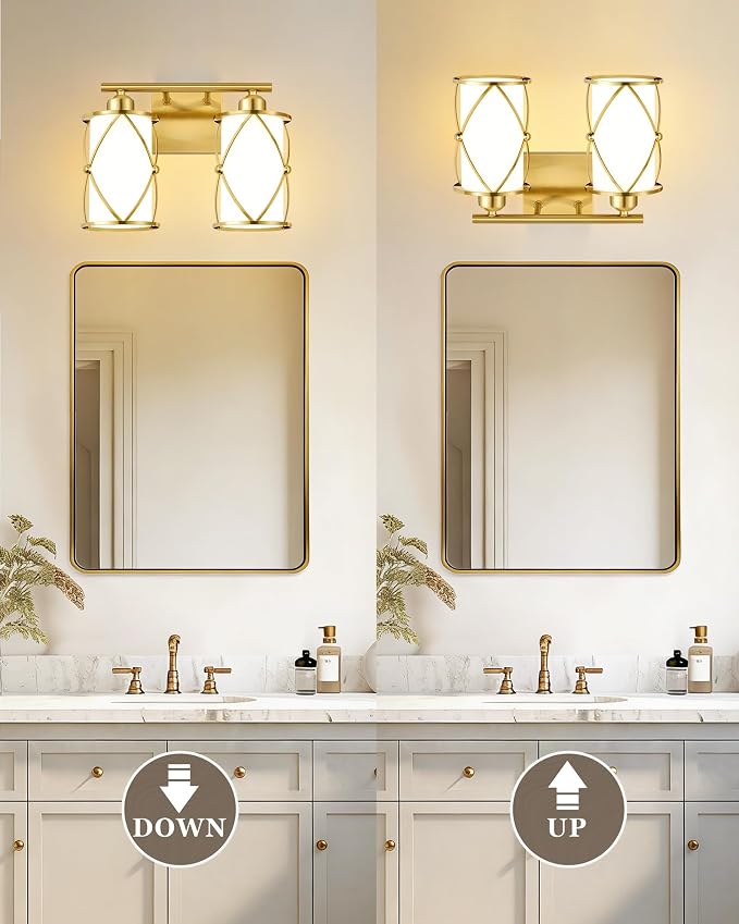 2-Light Brushed Gold Bathroom Light Fixtures with Milk Frosted Glass, 13.8" Modern Bathroom Vanity Lighting Fixtures Over Mirror with Metal Cage, Wall Sconce Lights for Bath, E26, CH9176BGW-2W