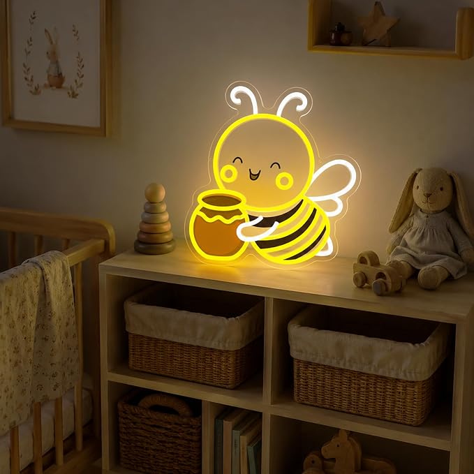 Bee Neon Sign Wall Art Cute Animal Neon Sign Honey Bee Lights Decor | Dimmable Bee Neon Light for Nursery, Kids Room, Bedroom, Living Room, Playroom, Bee Themed Decor and Nature Lovers Gift