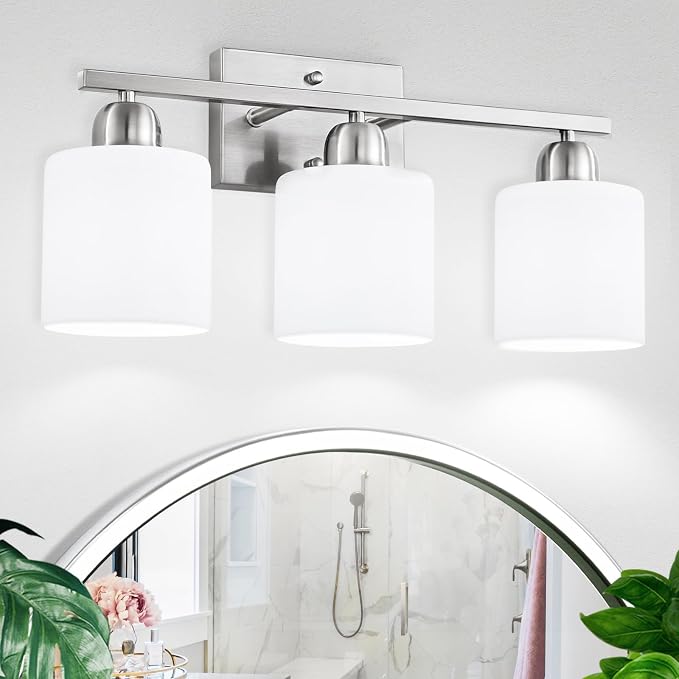 Brushed Nickel Bathroom Light Fixture, Anti-Rust Finish 3 Light Vanity Lights for Bathroom, Bath Lights with Milky White Frosted Glass Shades, E26 Socket