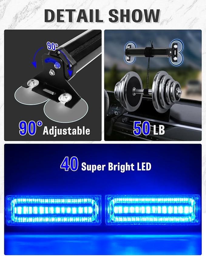 HLauto 1002L Emergency Strobe Traffic Advisor Light Bar: 40 LED Dash Safety Warning Flashing Light, Front/Rear Windshield Visor Lights for Construction Vehicle, Tow/Plow Truck (2x10.7inch, Blue)