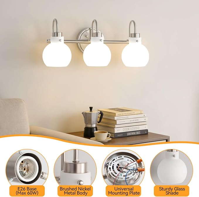 Bathroom Wall Light Fixture Brushed Nickel 3 Light Vanity Light | Wall Sconce with Milk Globe Glass Shade Bath Wall Lamp over Mirror Farmhouse Wall Mount Light for Living Room Bedroom Hallway