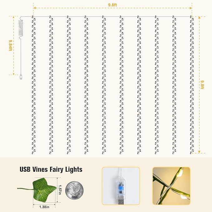 JMEXSUSS Vines Lights for Bedroom, 9.8ft x 9.8ft with Remote, 300 LED Fairy Lights with Vines, Artificial Ivy Curtain Light for Wall Dorm Wedding Indoor Decor