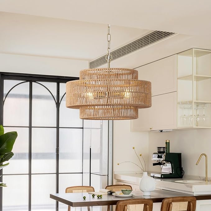17.7"Large Boho Rattan Farmhouse Chandeliers for Dining Room,4-Light Rattan Hand-Woven Rustic Drum Chandelier Pendant Light Fixture for Kitchen Island Bedroom Living Room Entryway Foyer(Brown)