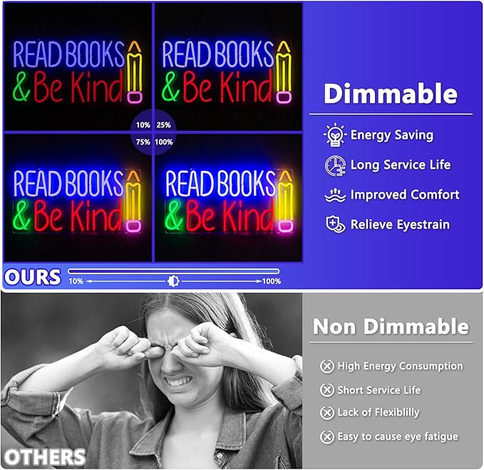 Read Books and Be Kind Neon Sign, Neon Signs for Wall Decor, Dimmable Led Signs for Bedroom, Light Up Signs for Reading Room Classroom Book Party Library Decoration Bookish Decor Gifts