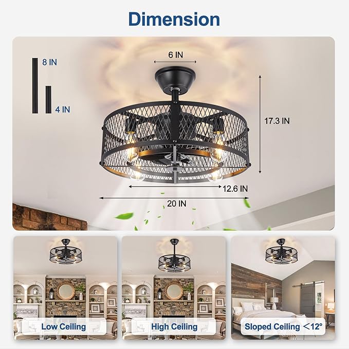 DLLT Caged Ceiling Fan with Light: 20" Farmhouse Fandelier with Lights and Remote & APP - Black Rustic Semi Flush Mount Bladeless Ceiling Fans Enclosed Fan for Bedroon Kitchen Living Dining Room