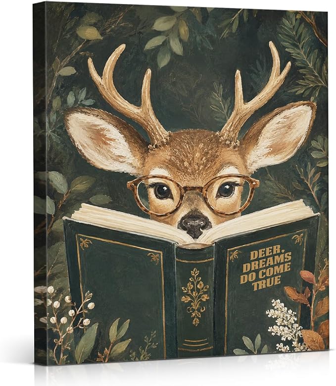 NSFBESSLIA Funny Reading Deer Painting, Whimsical Forest Animal Decor, Deer Dreams Do Come True, Cottagecore Wall Art for Living Room Bedroom Entryway, 8x10 Inch