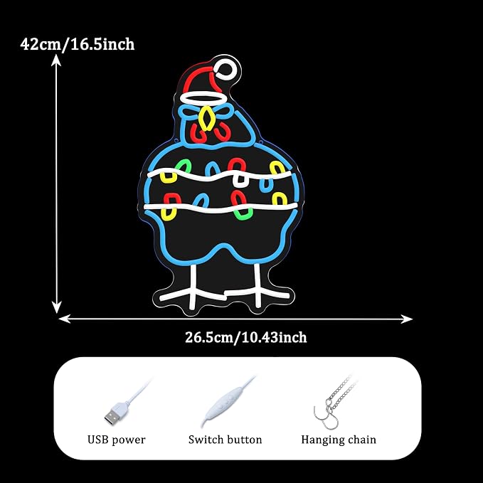 GNVETZLL Chicken Christmas Neon Sign Santa Hat Neon Light Sign Merry Christmas Rooster Neon Light for New Year Party Living Room Club Decoration(16.54 * 10.43In)