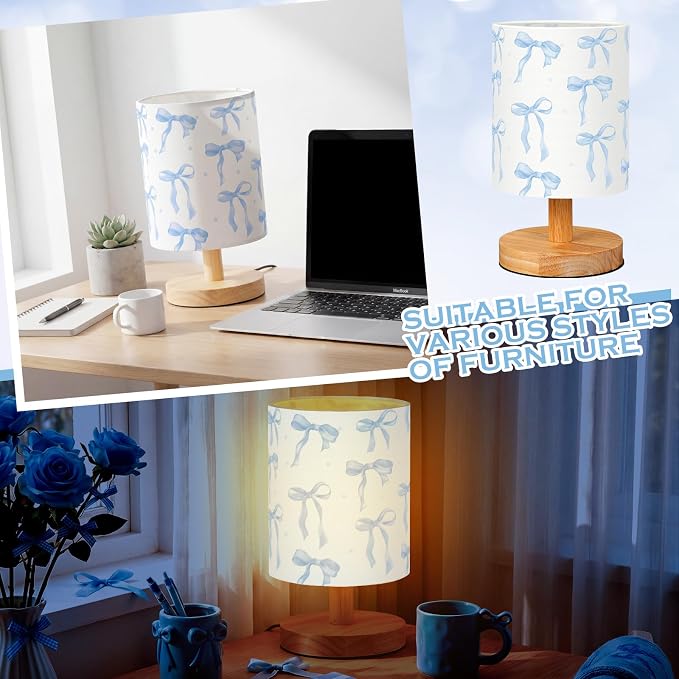 Blue Bow Kids Table Lamp for Bedroom Kids Bedside Lamp with Linen Wooden Nightstand Cartoon Nursery Lampshade for Girls Boys Living Room
