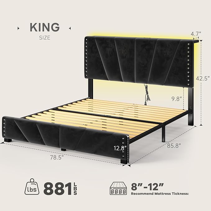 EnHomee King Size Bed Frame with LED Lights & USB, Noise-Free, Black | Adjustable Velvet Headboard，Under-Bed Storage，Heavy Duty Support with 12 Slats，No Box Spring Needed，Easy Assembly for Bedroom