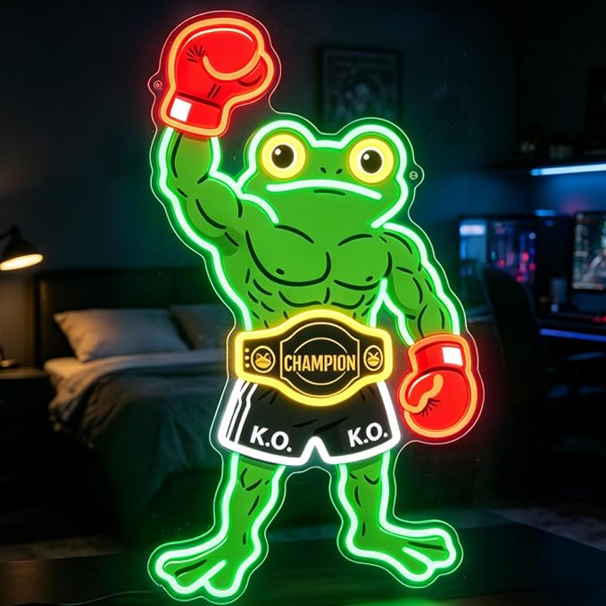 HAJAE Frog Neon Sign, Dimmable Boxing Frog Champion LED Light Wall Decor - Funny Muscular Frog Gifts for Men Boys Kids, Wrestling Birthday Party Decorations, Gym Man Cave Room Neon Light