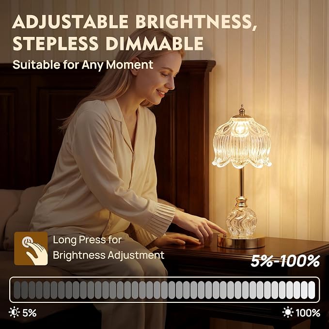 Flower Battery Operated Rechargeable Lamp Cordless, Lily, Clear | Small, Vintage, Gold, Wireless, LED, Dimmable, Table, Home Decor, Bedroom, Bedside, Nightstand, Birthday Gifts for Women