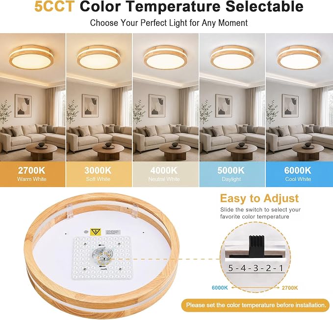 Pevfah Modern Dimmable LED Wood Flush Mount Ceiling Light, 5CCT Round Close to Ceiling Lighting Fixtures, Minimalist Ceiling Lamp for Bedroom, Kitchen, Hallway, Laundry Room-15.74in