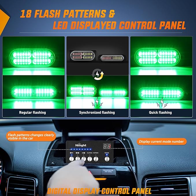 Nilight 8PCS Led Strobe Lights with Controller 12V 24V Sync Feature Green Emergency Hazard Warning Light 12 24 LEDs Surface Mount for Vehicle Car Truck RV ATV