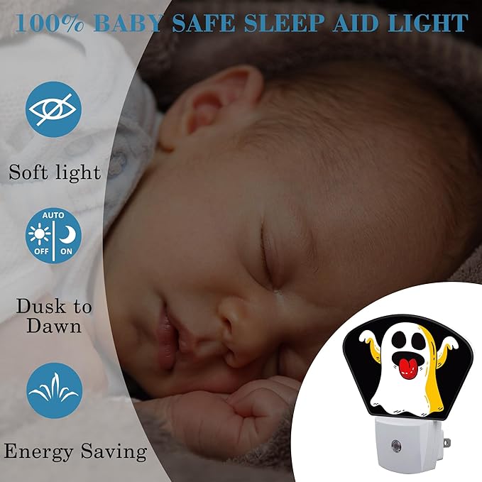 Halloween Funny Cute Ghost Night Light for Kids, Halloween LED Night Light Plug into Wall with Dusk to Dawn Sensor for Girls Boys Women Men Bedroom, Hallway, Kitchen, Bathroom, Stairs Decor