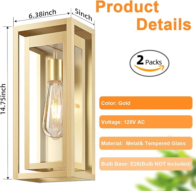 15" Outdoor Wall Lights, Gold Exterior Lighting Fixtures, 2 Pack | Large Size, Anti-Rust, Waterproof, Tempered Glass, Easy Installation, Modern & Classic Outdoor Sconces for House Porch Garage
