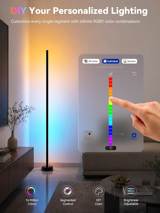 Smart LED Floor Lamp, RGBY+IC Corner Floor Lamp for Living Room | 36W Dimmable LED Floor Lamp with Alexa & App Control, DIY Color Effects, Standing Lamp for Gaming Room Bedroom Home Decor