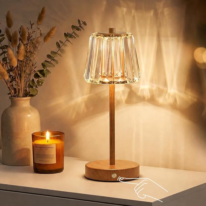 13" Small Crystal Cordless Table Lamp, Touch Rechargeable Desk Lamps | 3 Color Temps, Stepless Dimming, Wood Grain Portable Battery Operated LED Desk Lamps for Bedside, Nightstand, Kitchen, Patio