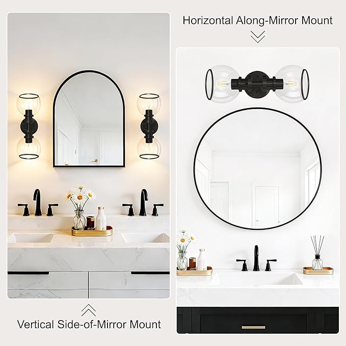 Wall Sconces Set of Two, Black Bathroom Sconces with Clear Glass, Hardwired Modern Wall Light Fixtures for Bathroom,TV Room,Mirror,Living Room,Hallway,Bedroom