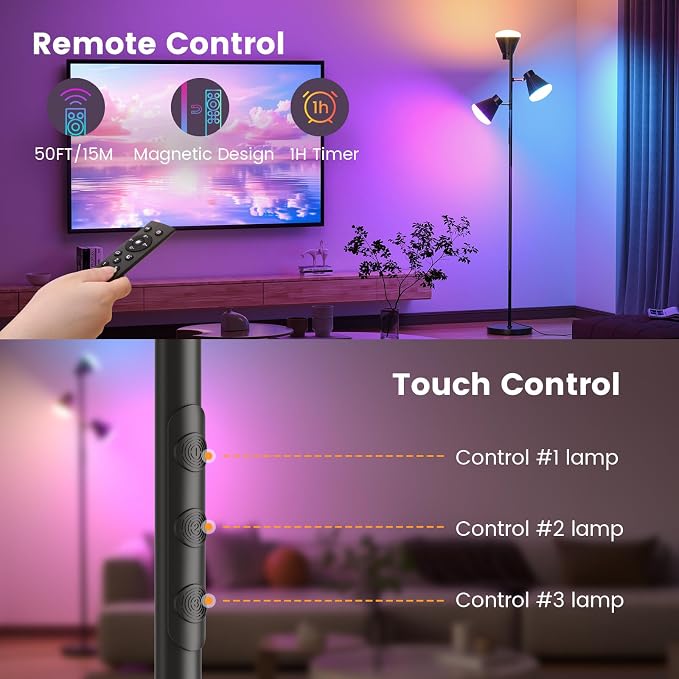 36W LED Tree Floor Lamp, Dimmable Tall Standing Lamp with Remote & Touch Control, 4 Color Temperatures Bright Floor Lamp, 3 Rotatable Light Modern Floor Lamps