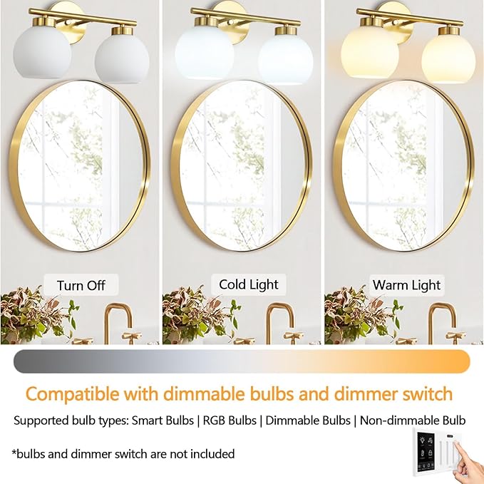 2 Light Bathroom Vanity Light, Gold Bathroom Light Fixtures Over Mirror, Mid Century Modern Wall Sconce with Frosted Globe Glass Shades, Brass Vanity Light, E26 Socket