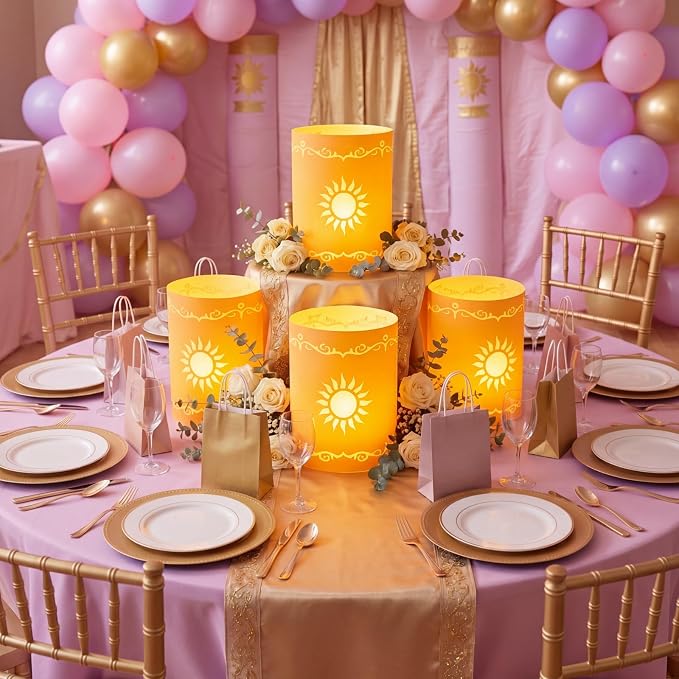 Fuyoooo 20 Set Paper Sun Lantern with LED Candles for Centerpieces LED Tea Lights with Paper Bags Battery Operation for Princess Wedding Party, Halloween, Christmas Decoration(Yellow,Sun)