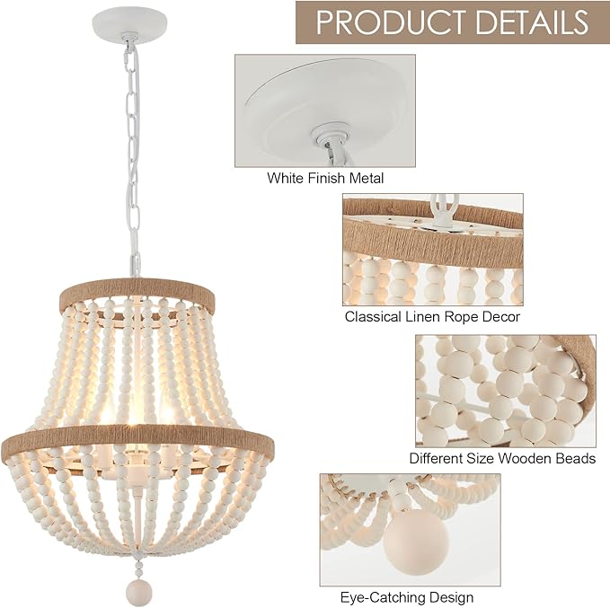 3-Light Boho Chandelier Farmhouse, Wood Bead Pendant Light, Antique Rustic Hanging Light Fixture for Kitchen Island Hallway Entryway Bedroom Nursery Dining Room Foyer