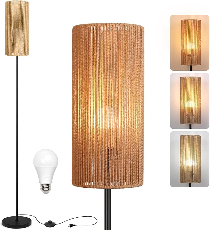 Ruiever Floor Lamp for Living Room,Farmhouse Floor lamp,Modern Standing lamp with Hand-Worked Rattan Shade (Straight Line Rattan Shade- 3 Color Bulb)