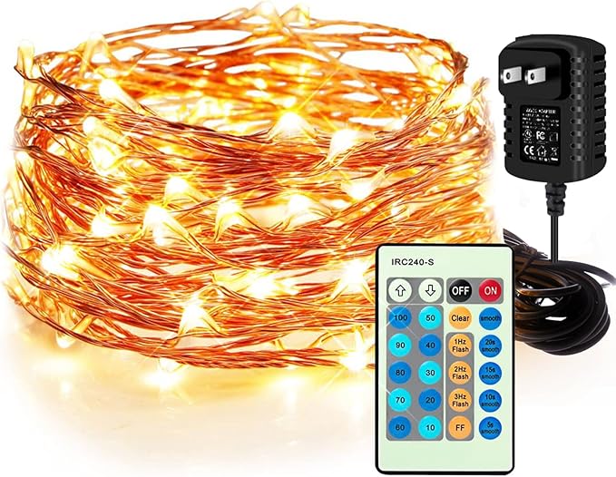 Waterproof Fairy String Lights Plug in with 24 Keys Remote, 33ft 100LEDs Warm White Dimmable Starry Copper Wire Light for Indoor & Outdoor Wedding Birthday Valentines Day Decor