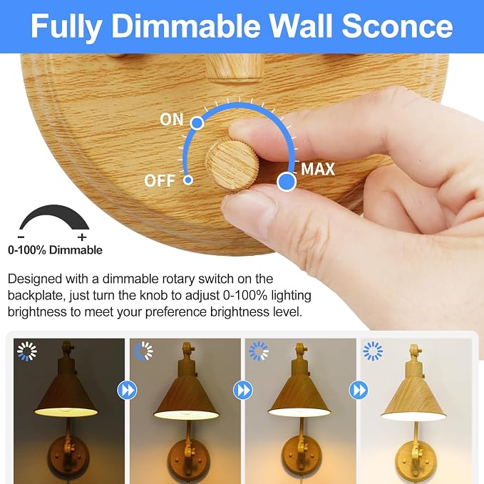 TRLIFE Wall Sconces Plug in, Dimmable Wall Sconces Set of 2 Swing Arm Wall Lights Plug in Wall Mounted Light Industrial Wall Lights with 6FT Plug in Cord, E26 Base, UL Listed(Oak Color)