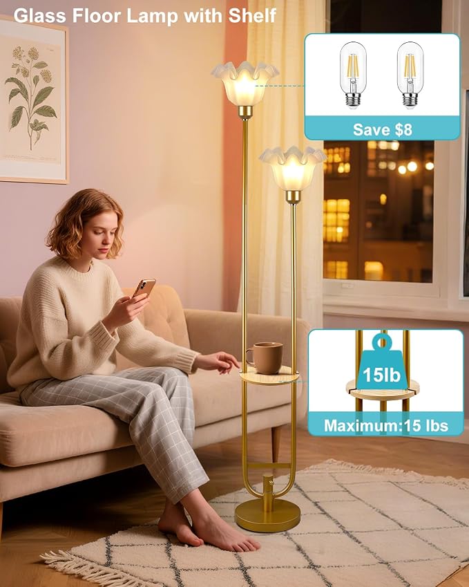 Lightdot Dimmable Flower Floor Lamp with Table for Living Room, Modern Mid Century Gold Metal Tall Standing Lamp with 5Lbs Heavy Base for Bedroom/Sofa Beside/Corner Decor (Bulb Included)