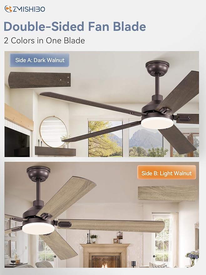 ZMISHIBO 60" Ceiling Fan with Light and Remote, Oil Bronze Farmhouse Indoor | Large Size, 3CCT, Downrod Mount, Rustic Dual Finish Blades, Quiet&Strong Motor, Memory Function for Bedroom, Living Room
