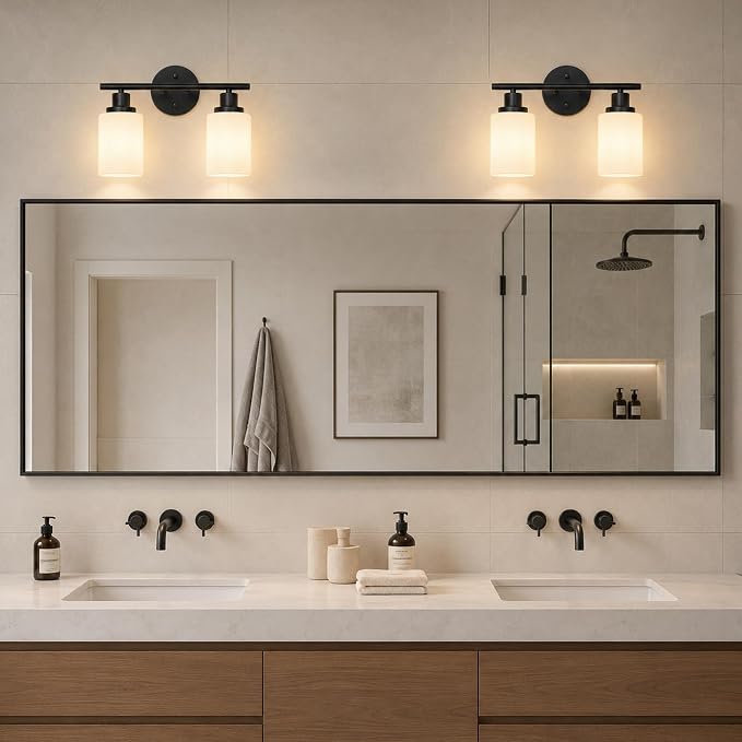 2 Light Bathroom Light Fixtures, Modern Vanity Lights with Milky Glass Shade, Black Wall Lamp Over Mirror for Bathroom, Living Room, Cabinet, Bedroom, E26 Base