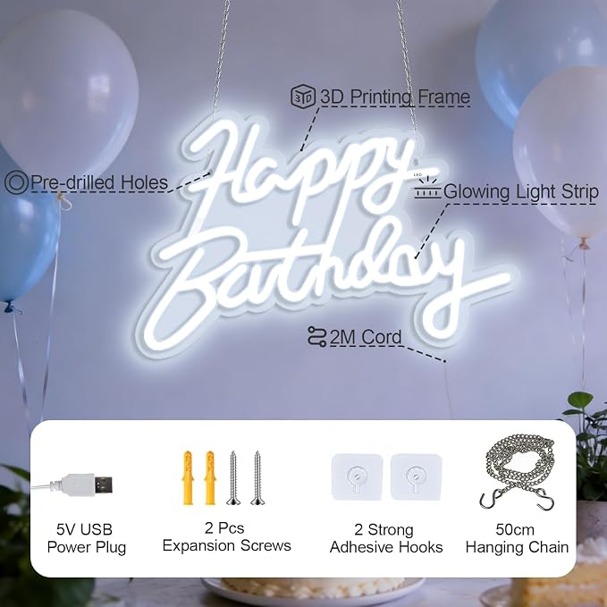 Happy Birthday Neon Sign for Wall Party Decor, LED Happy Birthday Light up Sign for Backdrop, 16"x 11" USB Powered 10 Brightness Settings Light up Signs Party Decorations Backdrop, Cool White