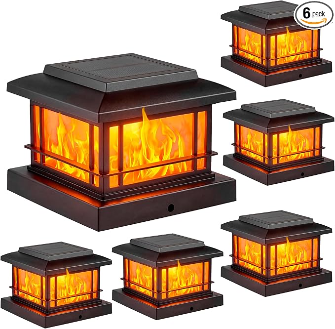 JOFIOS Flickering Flame Solar Post Cap Lights Outdoor, Black Post Lights with 3 Color Temperature, Fits 3.5" 4" 4.5" 5" Wood/Vinyl Posts, IP64 Waterproof Fence Deck Lights for Garden Patio Yard 6 Pack