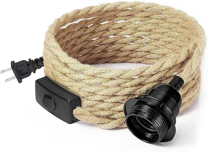 Vintage Plug in Pendant Light with Hemp Rope Cord 16.4 ft, 1-Light Hanging Light Cord Kit with On/Off Switch Farmhouse Black E26 Lamp Socket