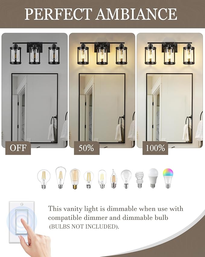 3-Light Black Bathroom Light Fixtures, 21 Inch Modern Bathroom Vanity Lighting Fixtures Over Mirror with Clear Glass and Metal Cage Wall Sconce Lights for Bath, E26, OS-3014BK-3W