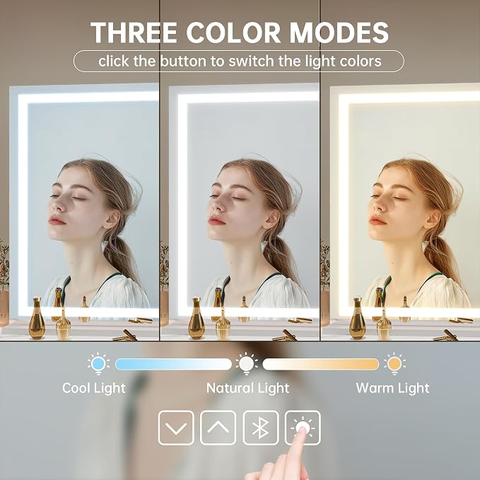 Hasipu Vanity Mirror with Lights and Bluetooth Speaker, 42" x 29.5" LED Makeup Mirror, Lighted Makeup Mirror with Dimmable 3 Modes, Touch Screen Control Vanity Mirror Square White