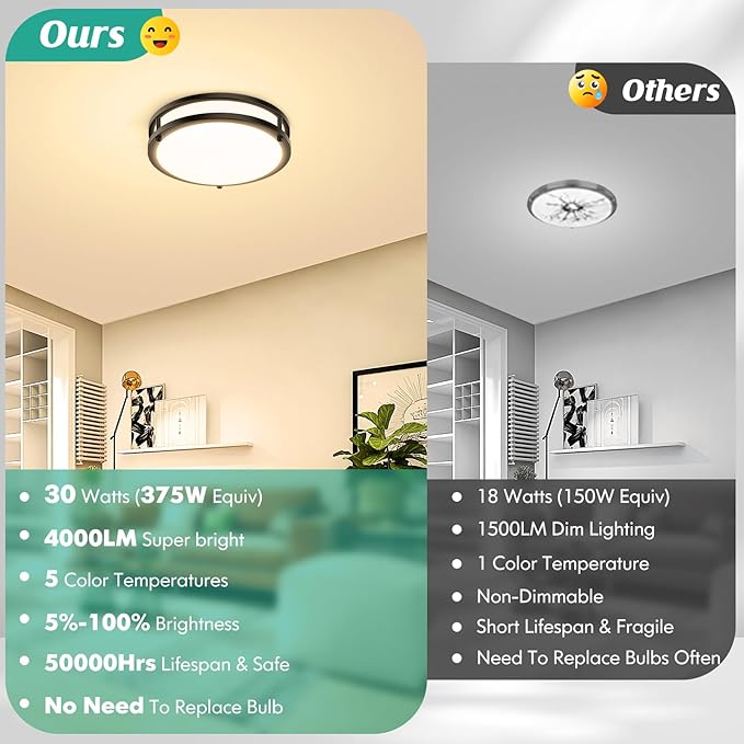 Flush Mount Ceiling Light Black, 30W 4000Lm 5CCT Dimmable LED Ceiling Light Fixture, 2700K/3000K/4000K/5000K/6500K Adjustable 10 Inch for Hallway Bedroom Bathroom Kitchen Closet Offices, Set of 2