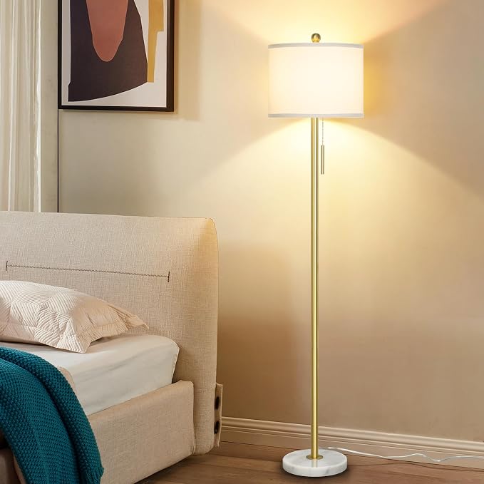 Qingmiao 【Upgraded】 Dimmable Gold Floor Lamps for Living Room, 63in Modern Standing Lamp with Marble Base, Tall Pole Light with White Linen Shade for Bedroom Reading Office Corner