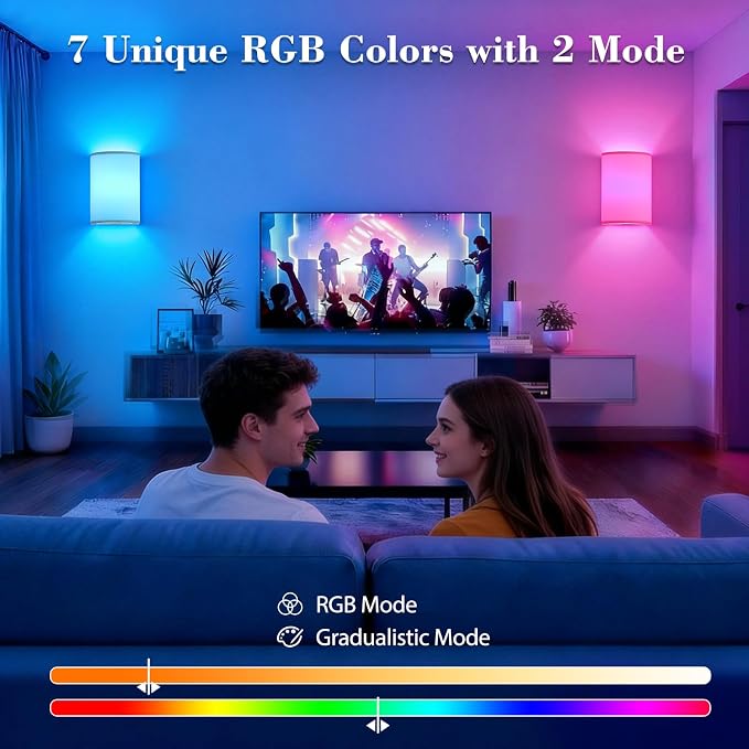 Battery Operated Wall Sconce Set of Two: 10000mAh Wireless Wall Light with Rechargeable Magnetic Bulb - Dimmable Wall Lamp with 7 RGB Colors - Linen Shade Sconces with Remote for Bedroom Living Room | Wireless Wall Light with Magnetic Bulb - Dimmable 7...