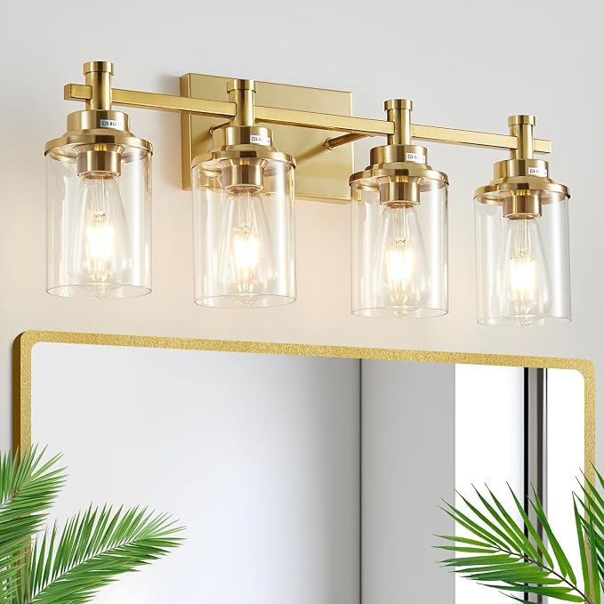 4 Light Brushed Brass Vanity Light Over Mirror, Gold Bathroom Fixtures, Vintage Wall Sconce With Clear Glass Shade, Brushed Gold Lights for Bathroom
