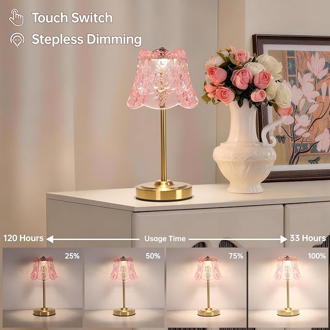 Shenmoyl Cordless Touch Table Lamp with 5200mAh Battery - 3 Adjustable Color Temperatures & Dimmable, Rechargeable Desk Lamp for Bedroom, Living Room, Office, Entryway, Bookshelves (Clear Pink Rose)