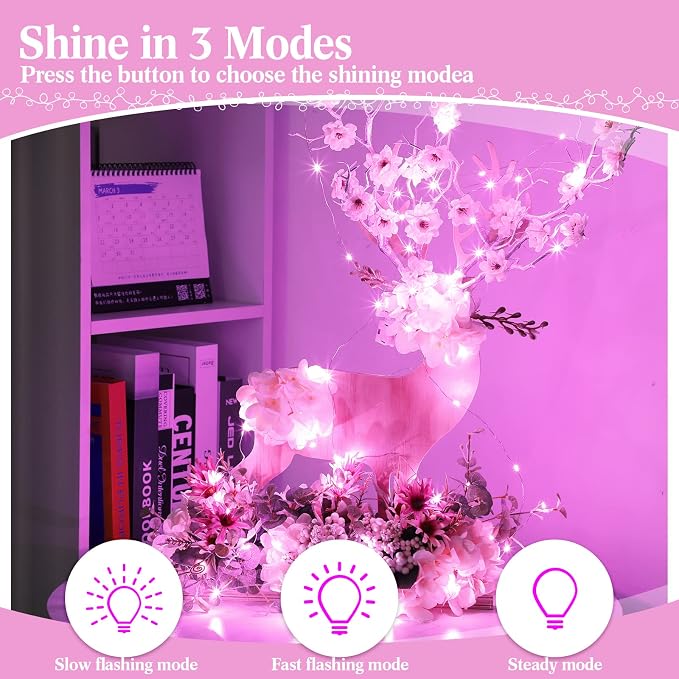 100 Packs Fairy Lights Battery Operated 3 Speed Modes, 7 Ft/ 2 M 20 LED Battery String Mini Waterproof Wire Twinkle Lights Bulk for Wedding Party Birthday Vases Decor (Pink Light)