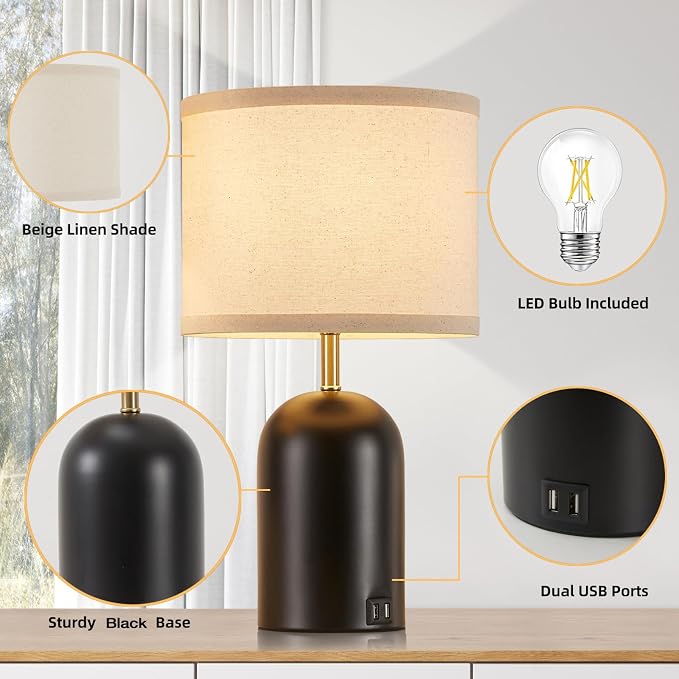 Touch Control Table Lamps Set of 2, Modern Bedside Lamp with 2 USB Ports, Dimmable Gold and Black Nightstand Lamp with Fabric Shade for Living Room Bedroom Office Dorm(LED Bulbs Included)