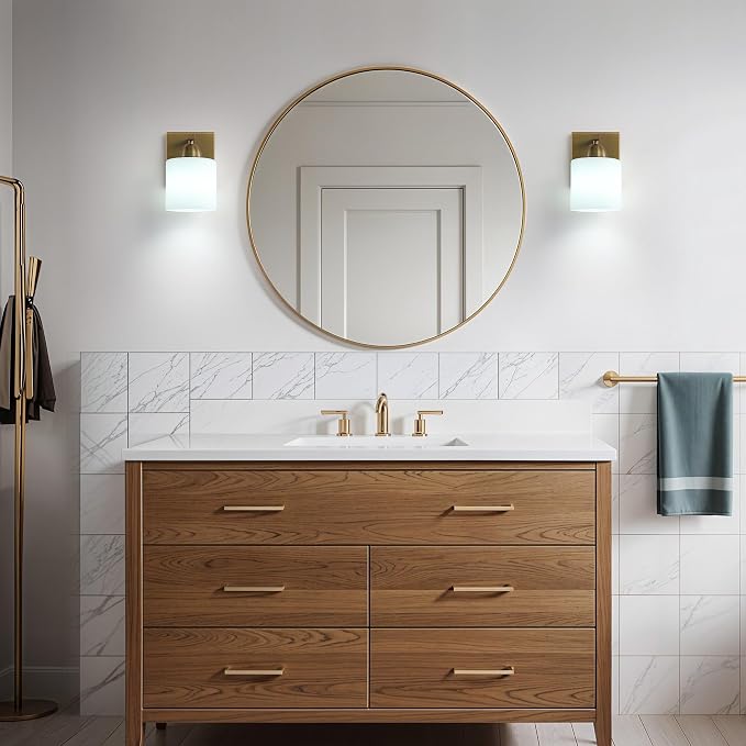 Mecgirn Brass Milk Glass Wall Sconces, 1 Pack Hardwired Indoor Wall Light Fixtures for Living Room, Hallway, Bedroom, Ceramic E26 Sockets (Bulbs Not Included)