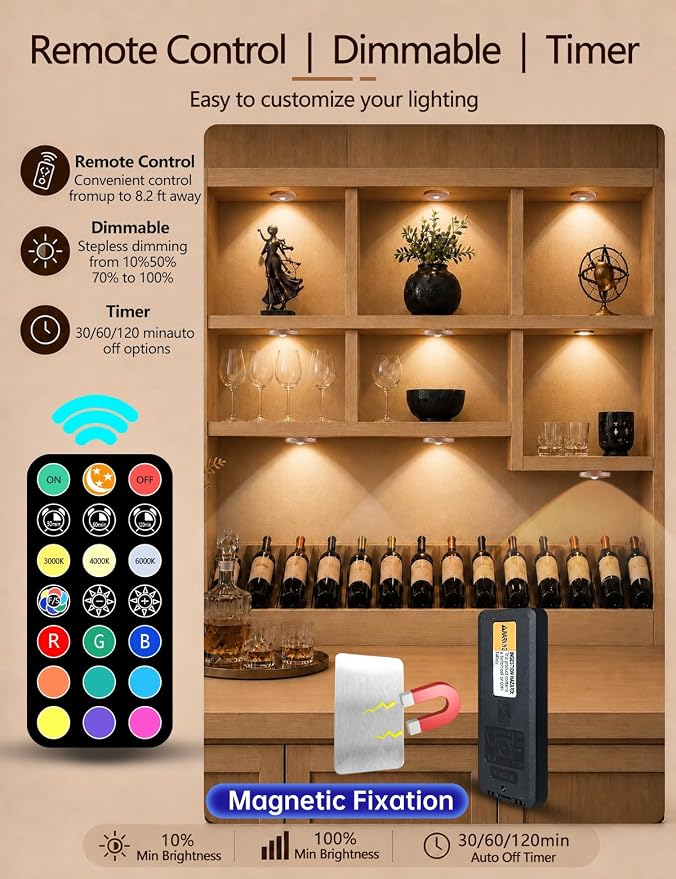 Puck lights with remote, 2000mAh rechargeable cabinet light, Under Cabinet Lighting Wireless, Display Cabinet, Dimmable Magnetic Stick-On Shelf , push lights battery operated，(Wood Color, 3 Pcs)