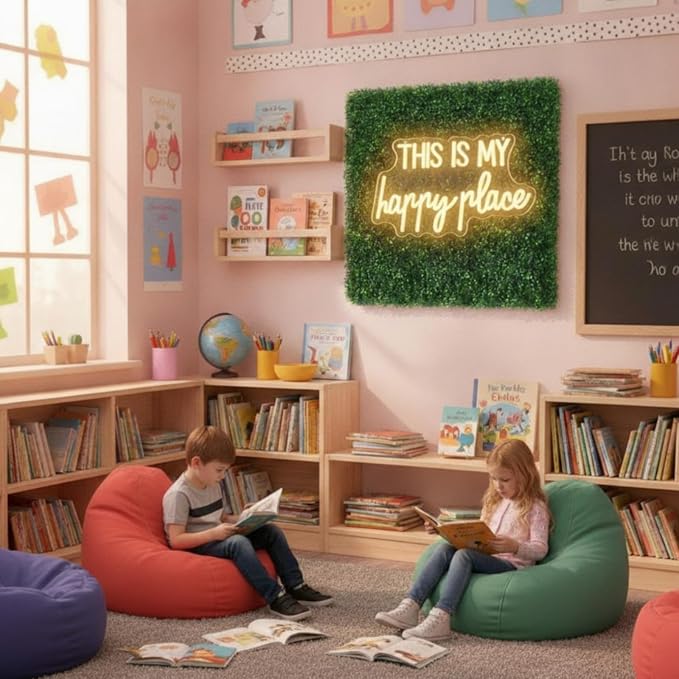 Thyle 10 Pcs Classroom Reading Corner Decoration Set This is My Happy Place | Neon Lights and 9 Pcs Artificial Grass Wall Panels Backdrop Decor for Back to School Library Teen Girls Bedroom