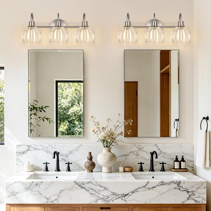 3-Light Bathroom Light Fixtures, 20" Vanity Light Over Mirror with Ribbed Clear Tulip Glass Shades, Brushed Nickel Wall Lights for Bathroom, Bedroom, Living Room, Hallway (Bulb Not Included)